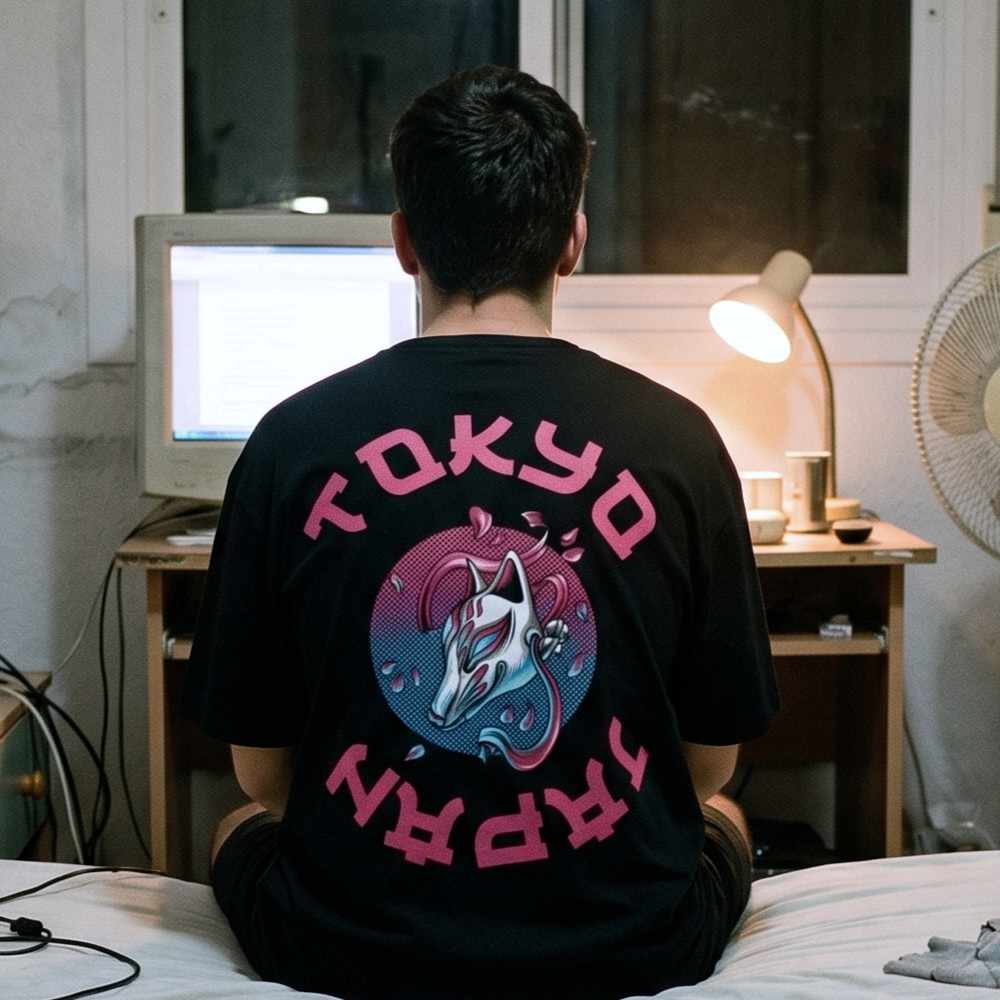 camiseta oversize negra hombre japon